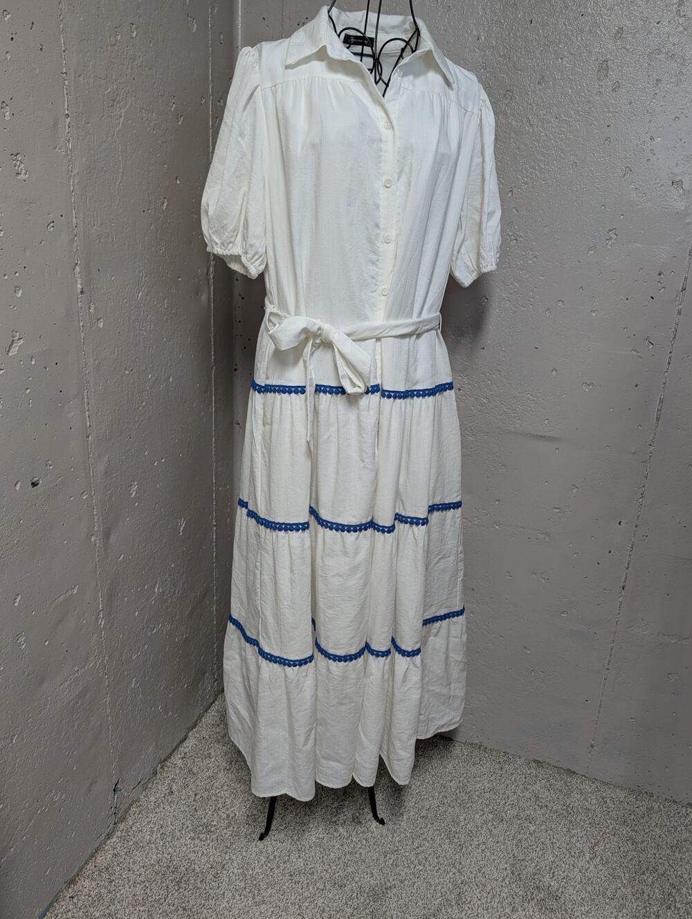 PrettyGarden White Blue Tiered Maxi Shirt Dress Puff Sleeve Coastal Resort L